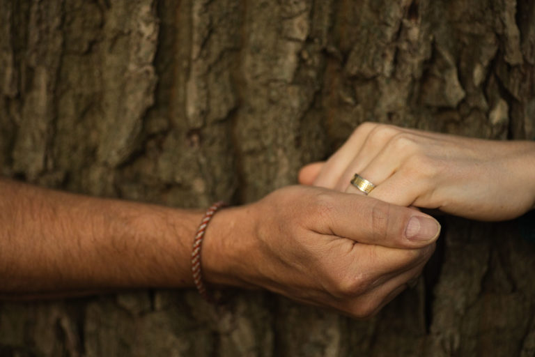 zwei Hände halten sich vor einem Baumstamm